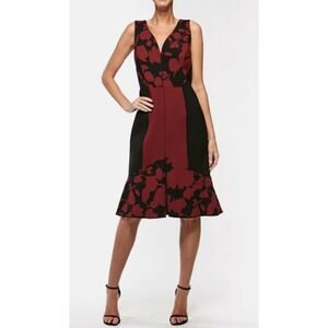 OSCAR de la RENTA Black Red Floral Print Seamed Fluted Hem Wool Midi Dress Sz 10